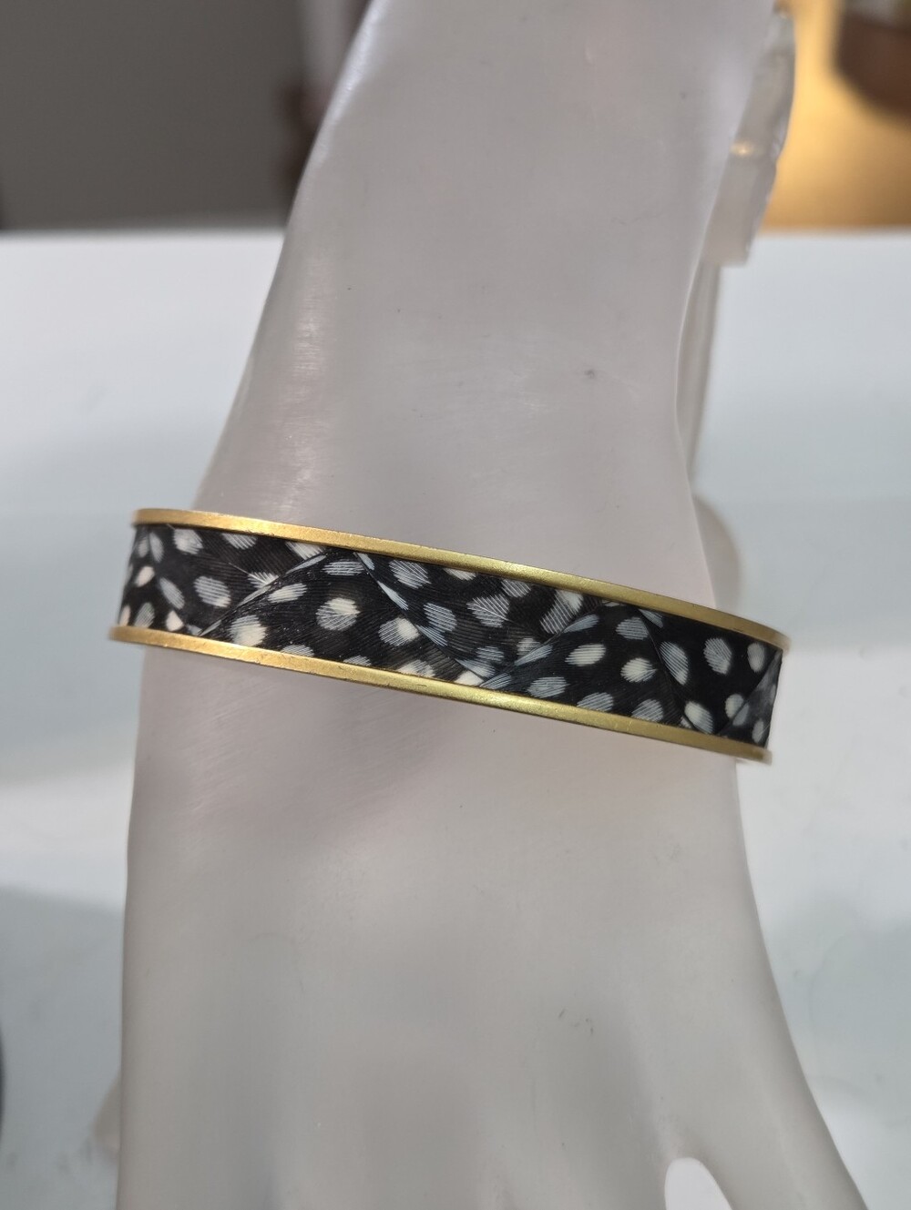 Brackish Feather Cuff Bracelet Black White Spotted Gold Tone